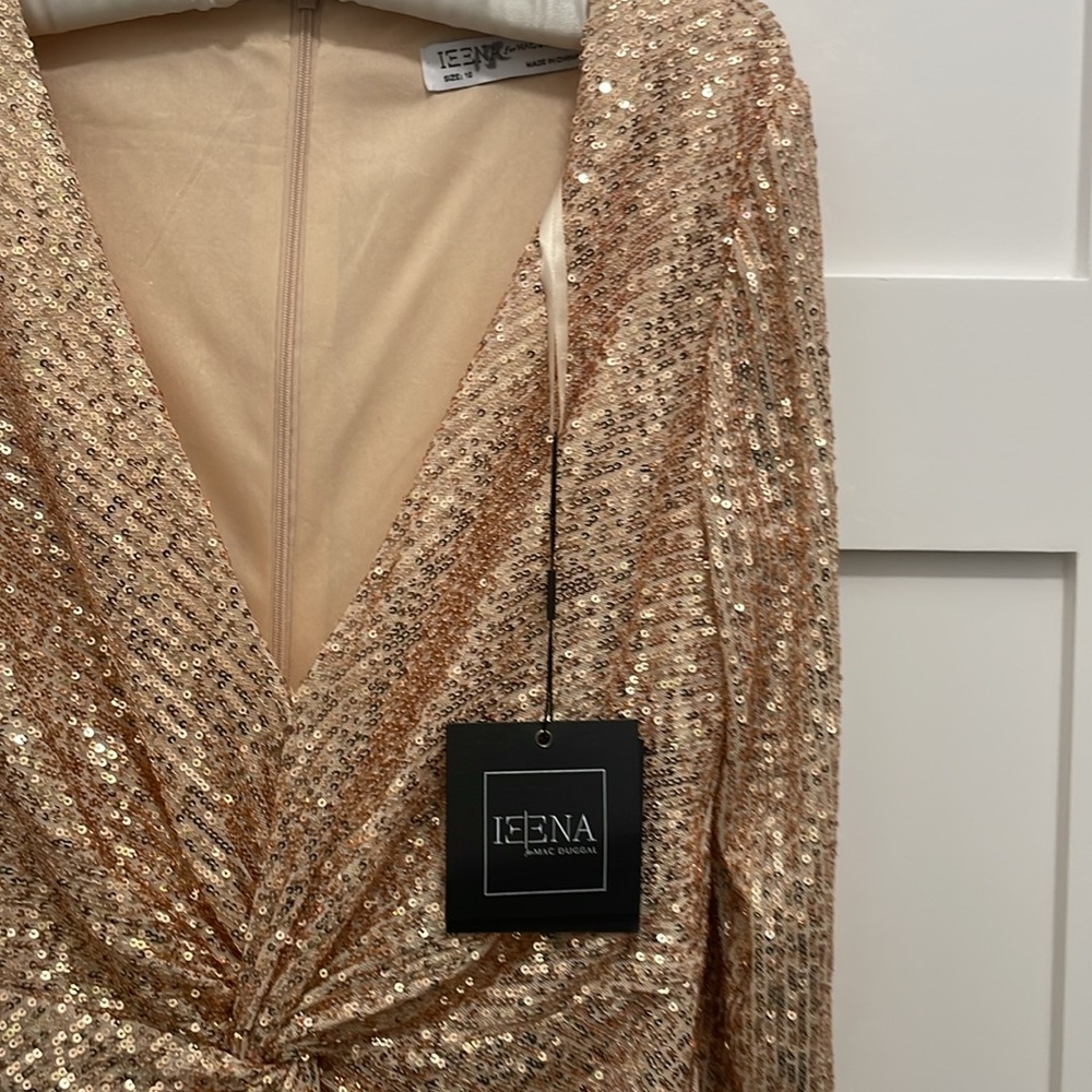 Mac Duggal Champagne Sequin High-Low Twist Front Gown - Picture 3 of 16